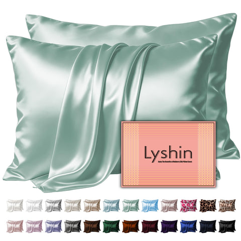 LYSHIN front packaging showing sage green silk pillowcases, elegant gift-ready benefit