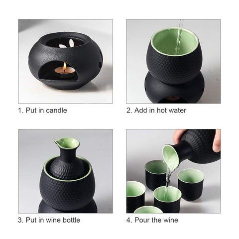 Lyty candle stove lit under carafe showing steady heat for warming sake
