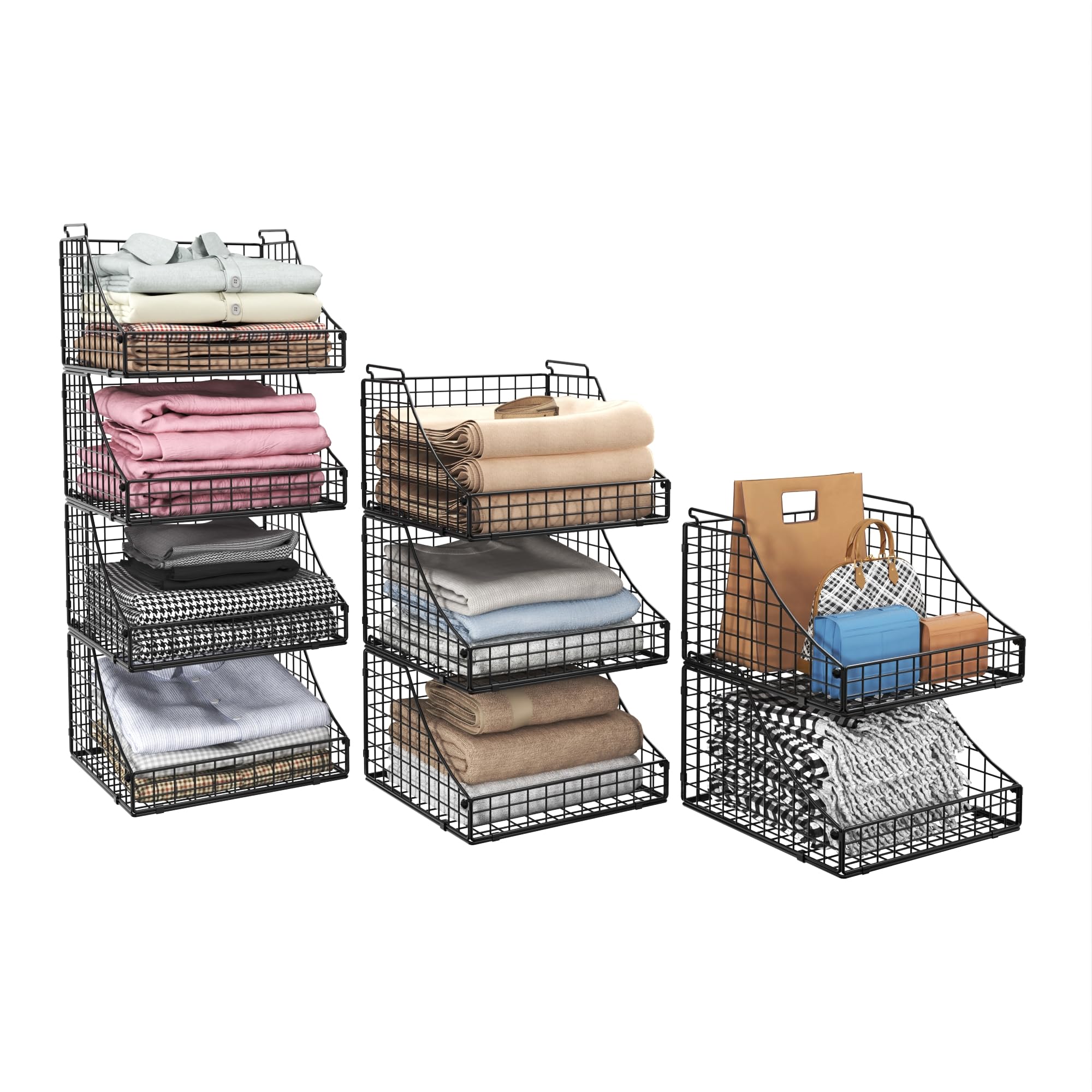 Lyuwanxian front view showing four black wire baskets for tidy storage