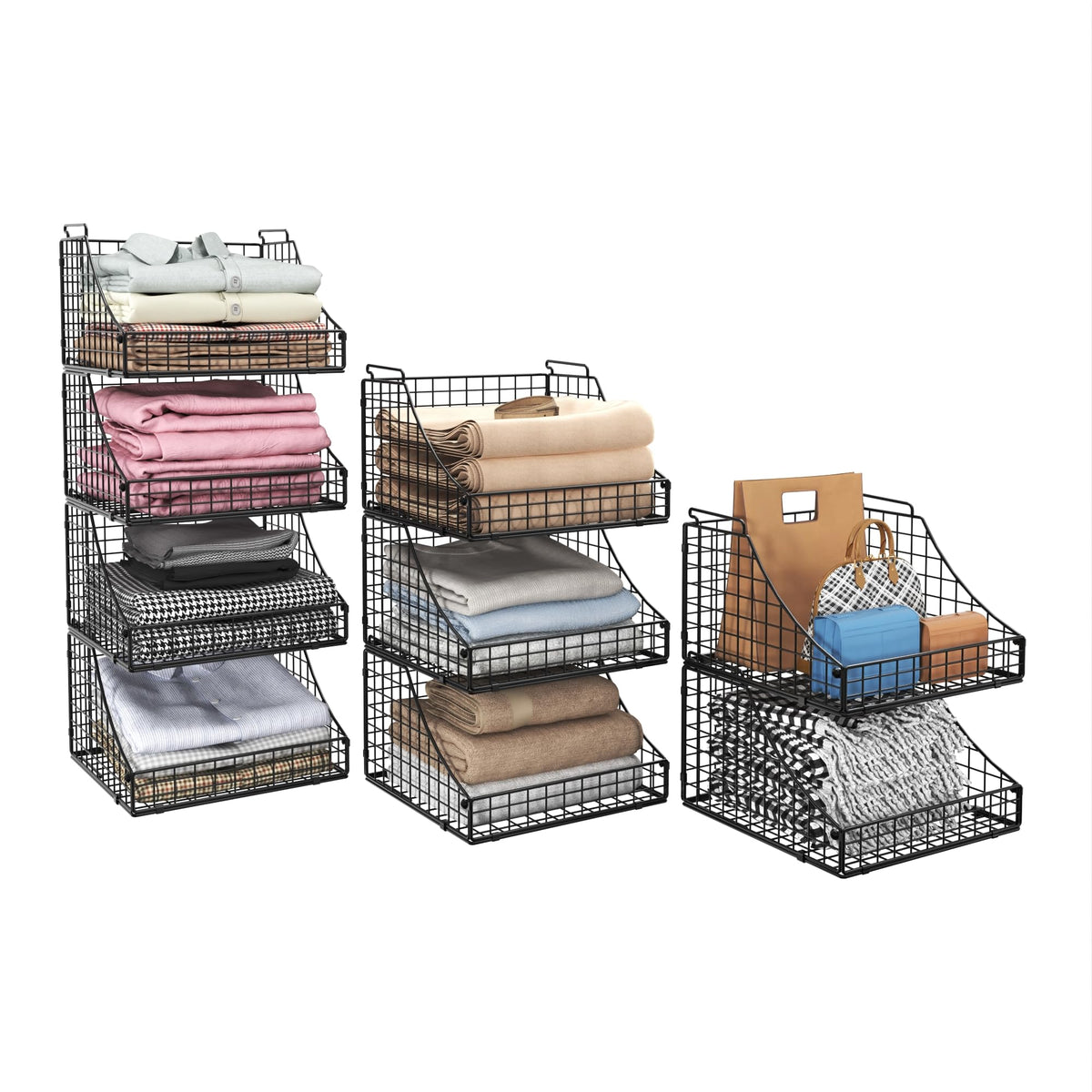 Lyuwanxian front view showing four black wire baskets for tidy storage