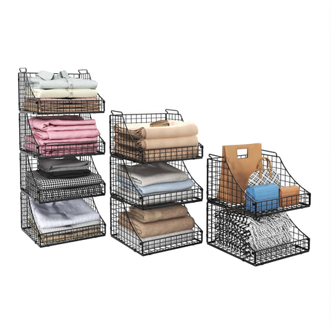 Lyuwanxian front view showing four black wire baskets for tidy storage