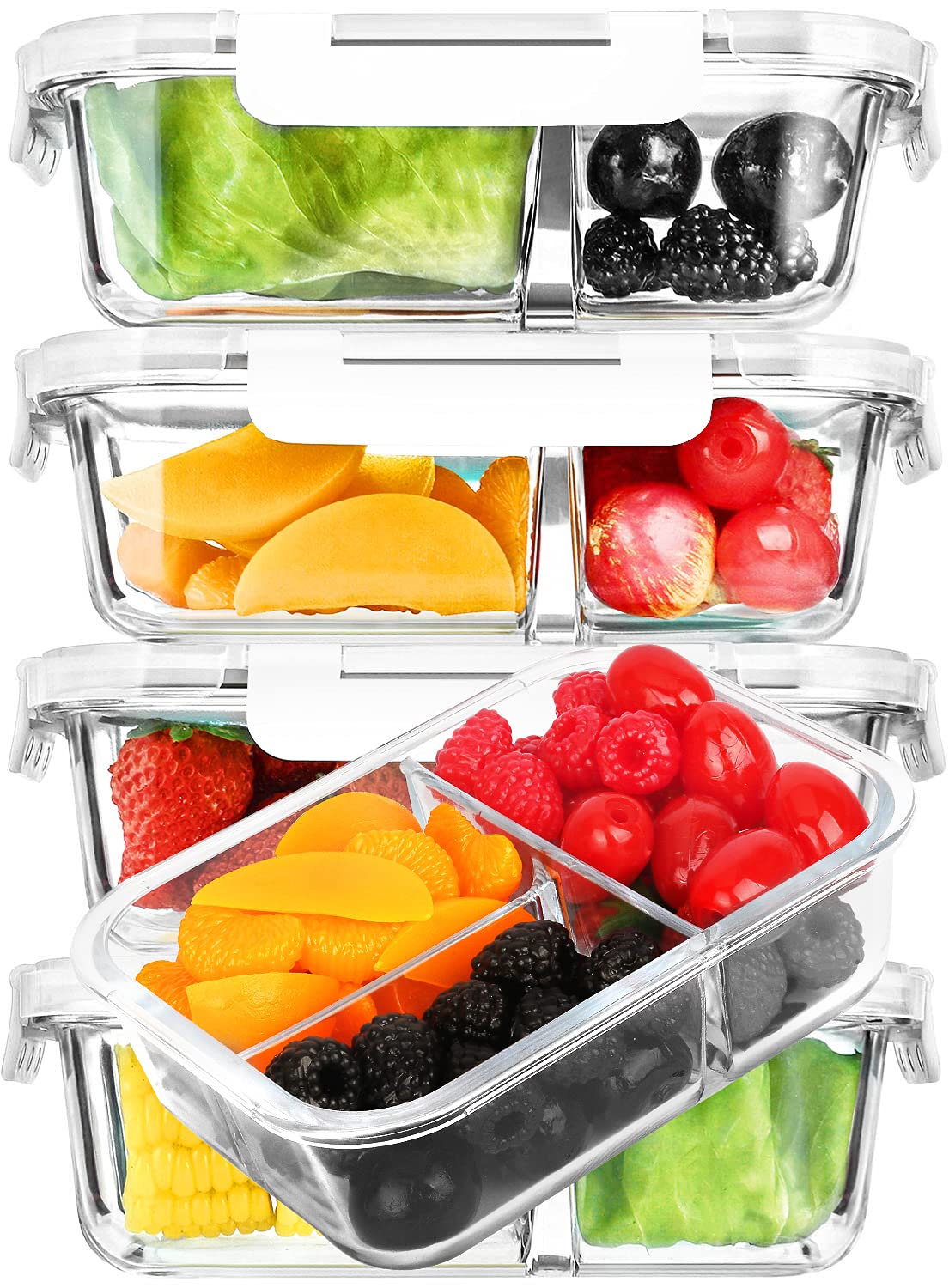 M MCIRCO front view of five 36oz glass meal prep containers showing lids and label, durable storage benefit
