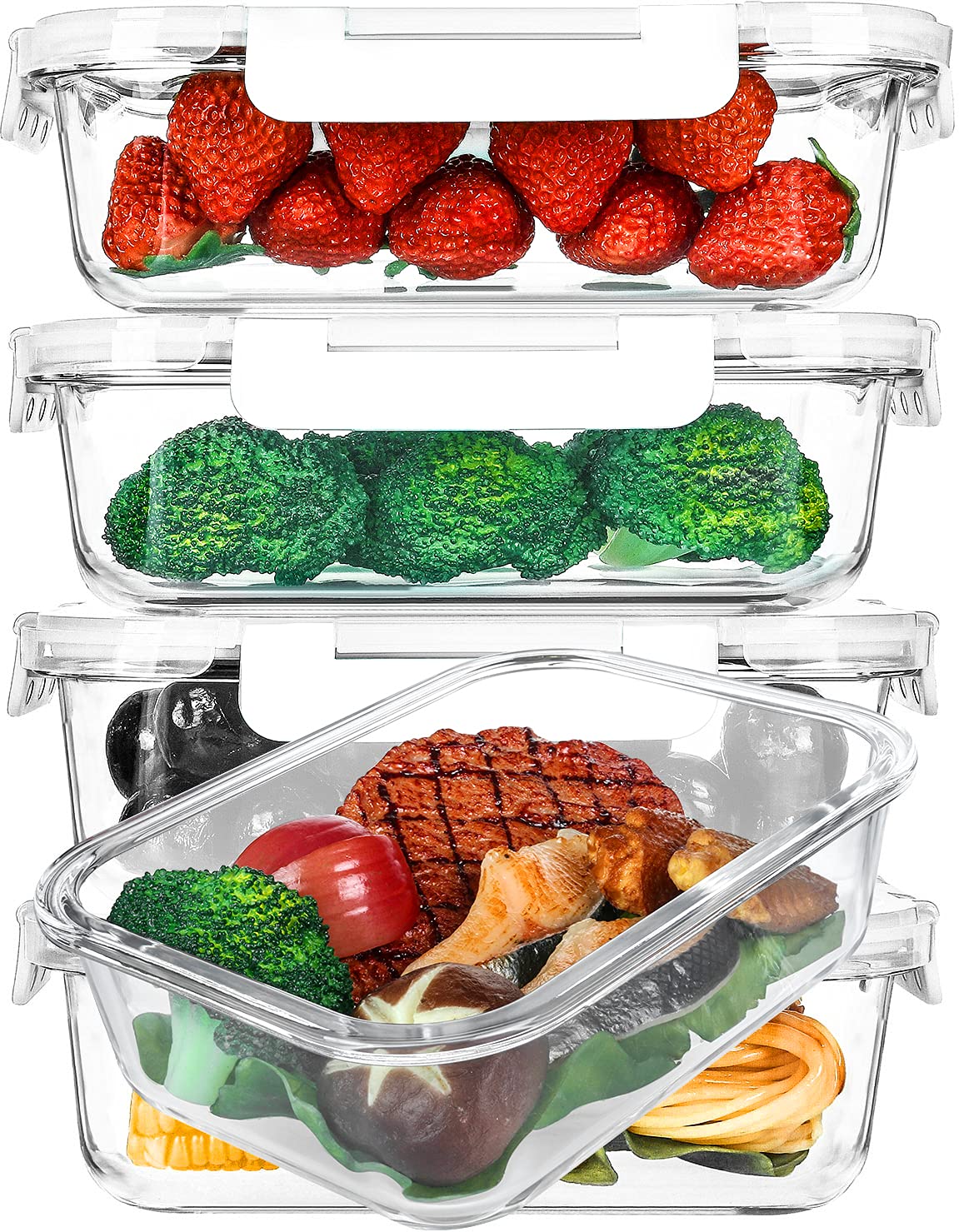 M MCIRCO front view of five 36oz containers showing white lids and glass bodies for organized storage