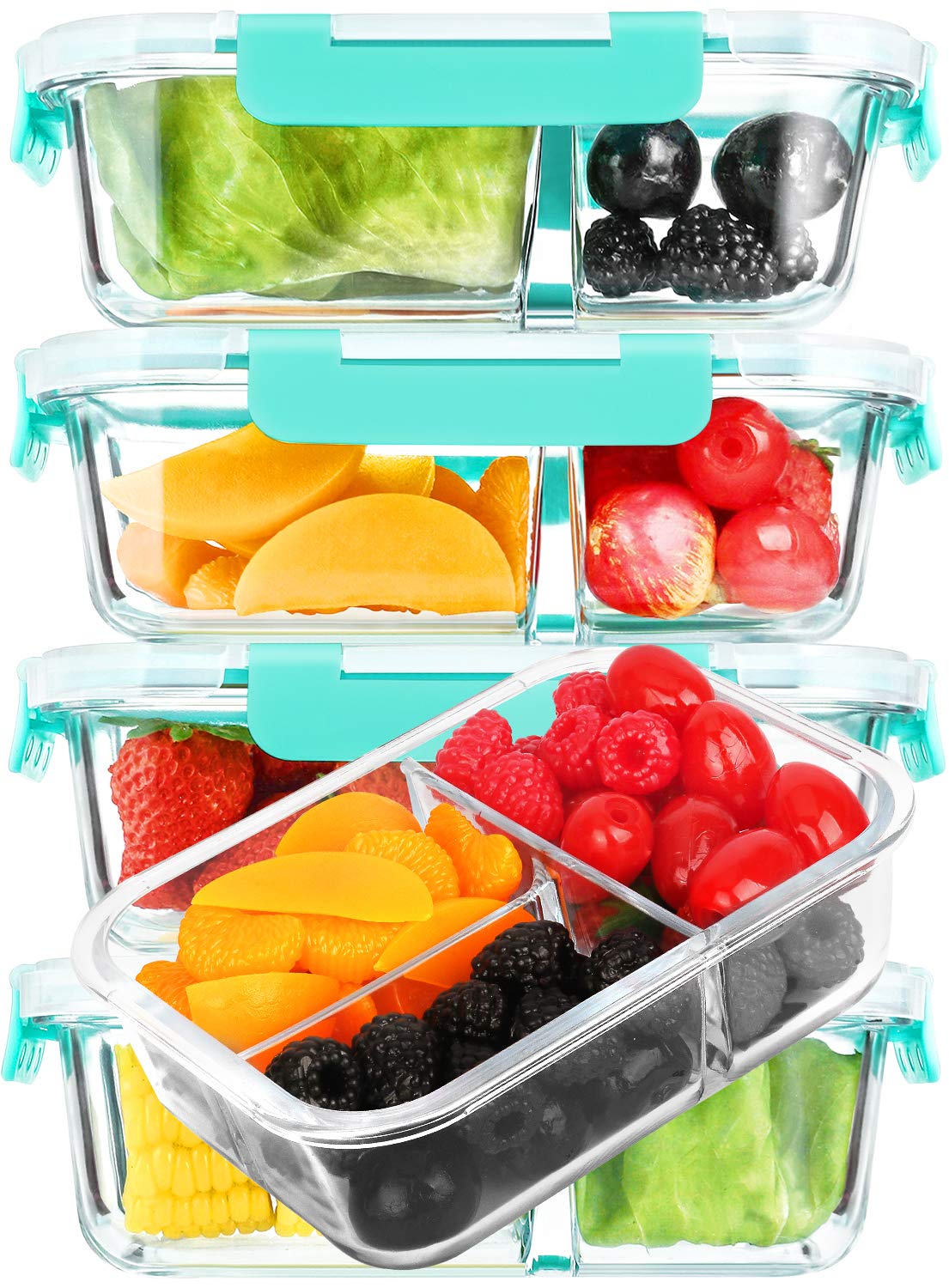 M MCIRCO front view of 5-pack containers showing lids and glass, keeps meals organized