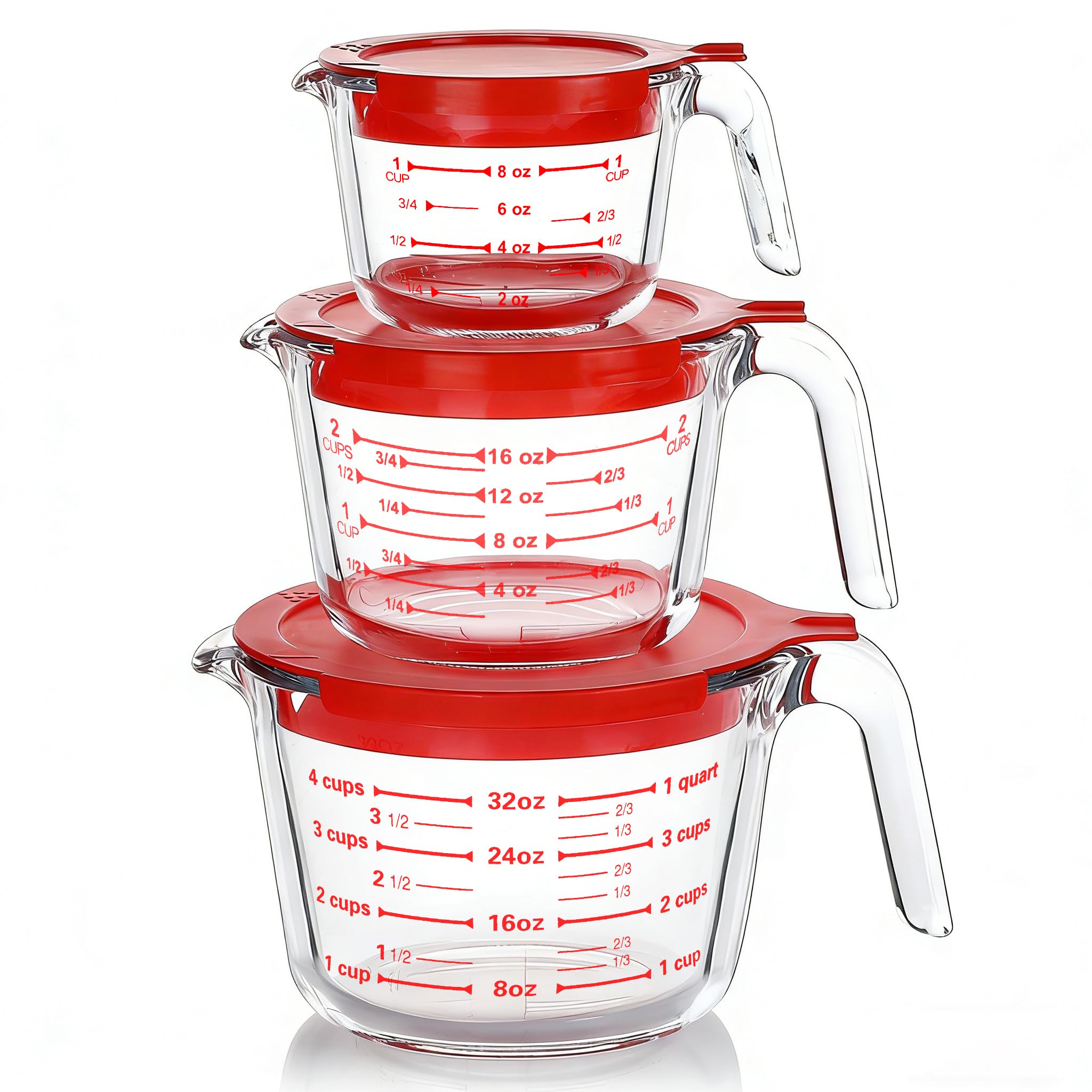 M MCIRCO front view of three glass measuring cups showing sizes and lids for organized storage