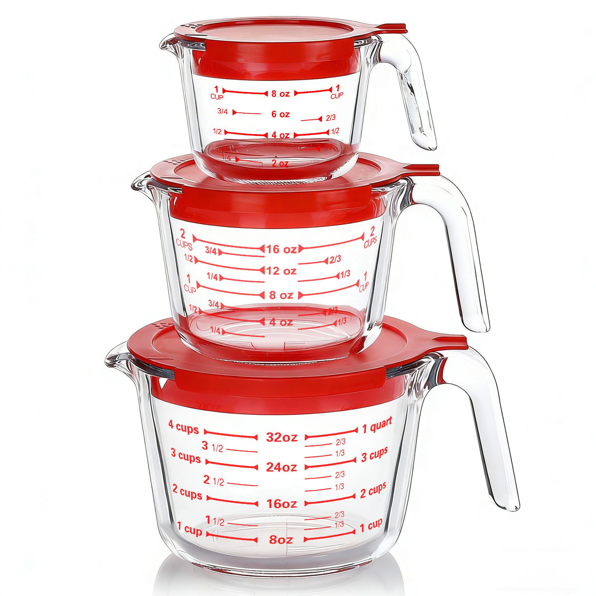 M MCIRCO front view of three glass measuring cups showing sizes and lids for organized storage