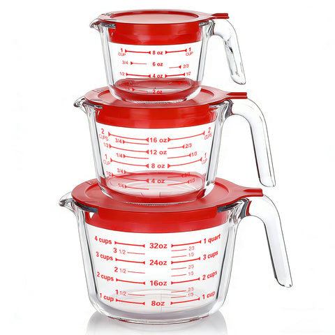 M MCIRCO front view of three glass measuring cups showing sizes and lids for organized storage