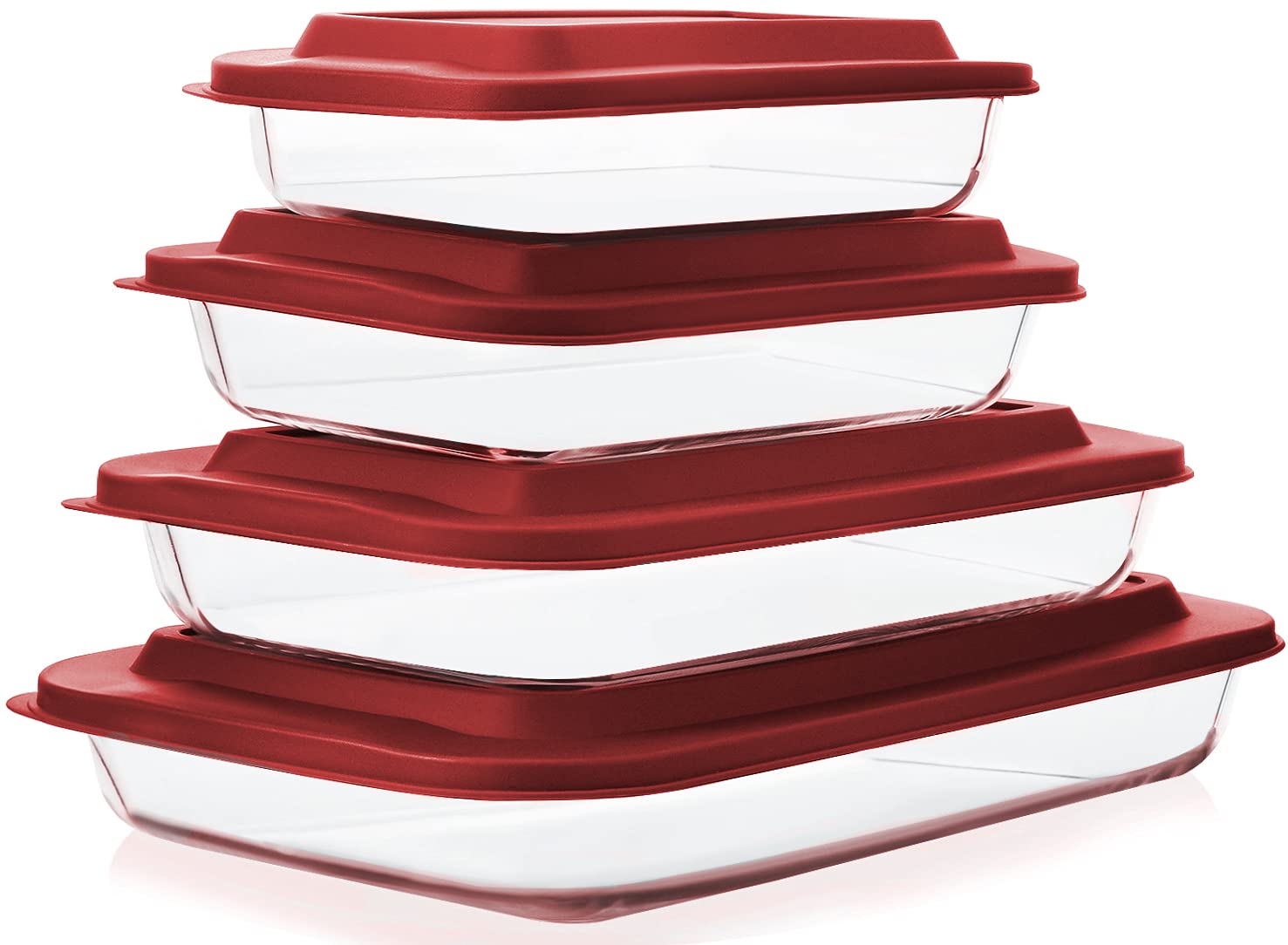 M MCIRCO front view of set with red accents showing all four glass pans and lids for versatile baking