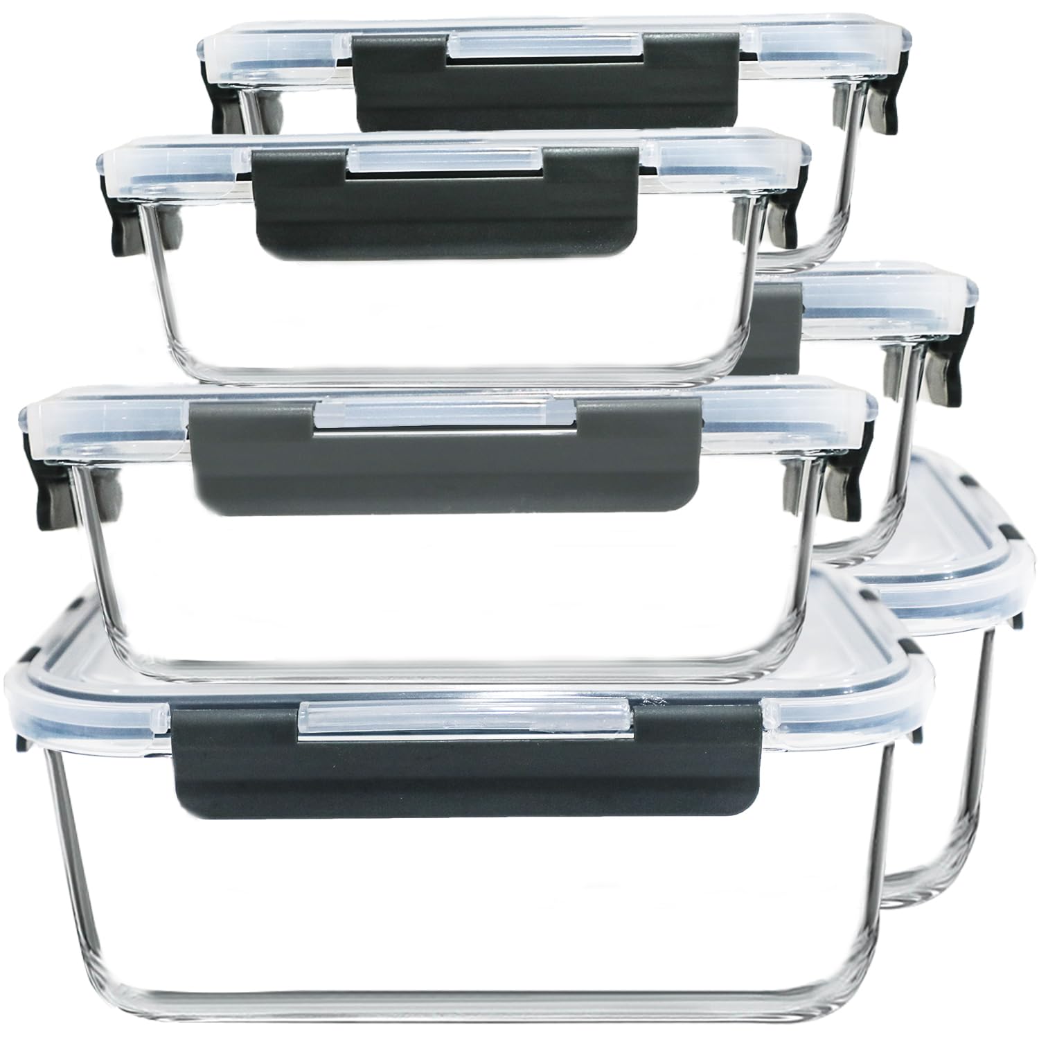 M MCIRCO front view of full six-piece glass container set showing sizes and lids for versatile storage