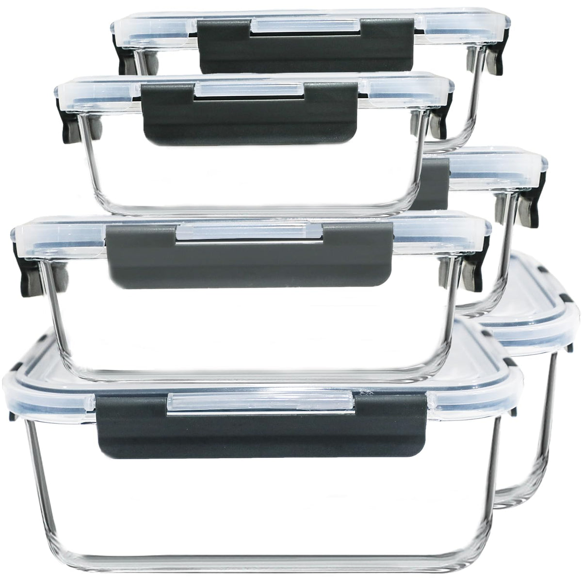 M MCIRCO front view of full six-piece glass container set showing sizes and lids for versatile storage