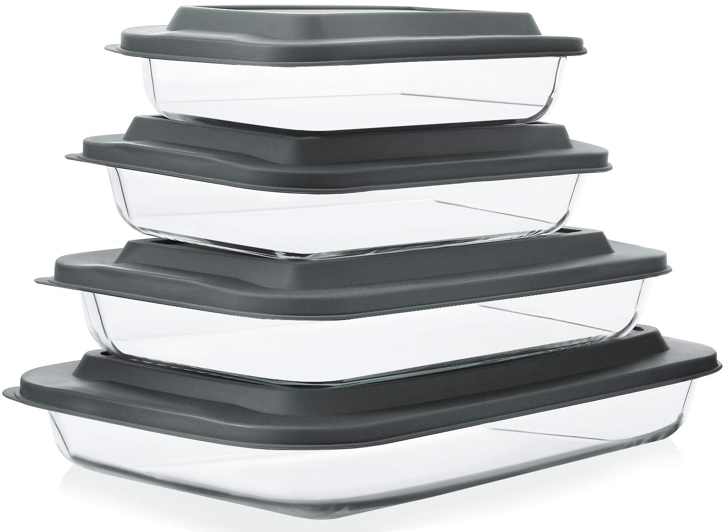 M MCIRCO front view of four clear glass baking dishes and gray lids showing set versatility