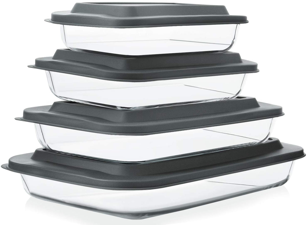 M MCIRCO front view of four clear glass baking dishes and gray lids showing set versatility