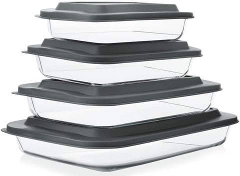 M MCIRCO front view of four clear glass baking dishes and gray lids showing set versatility