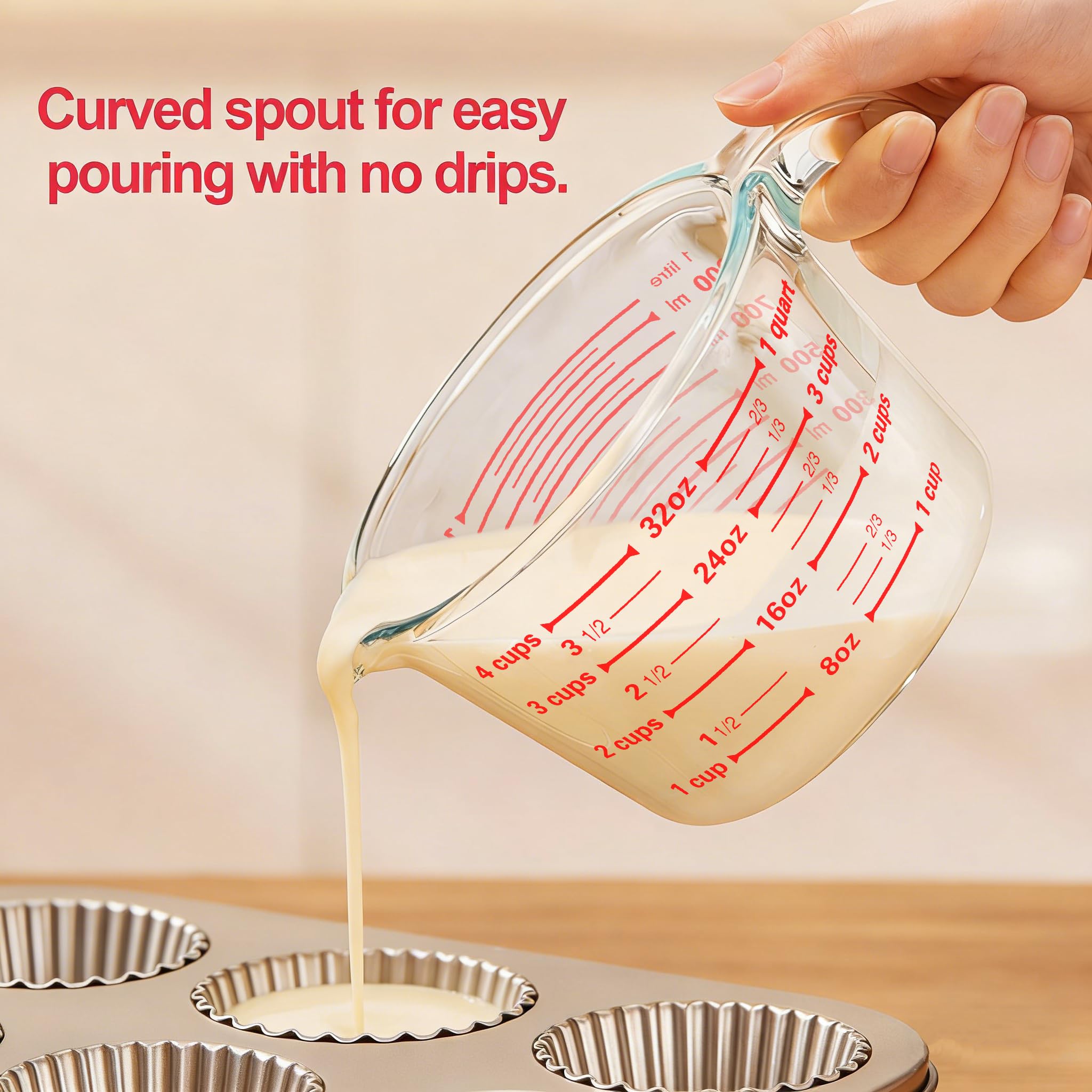 M MCIRCO pouring batter from the cup demonstrating controlled, mess-free transfer