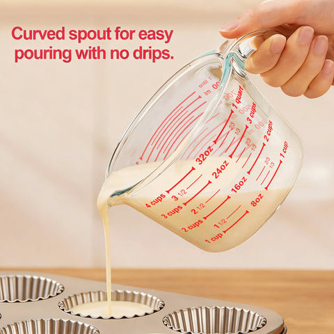 M MCIRCO pouring batter from the cup demonstrating controlled, mess-free transfer