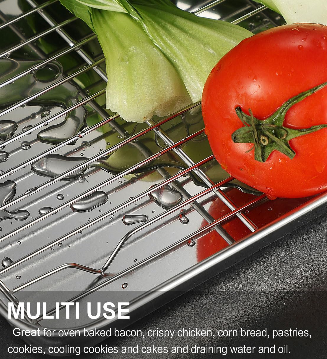M MCIRCO rimmed pan beside kitchen utensils showing size and storage benefit