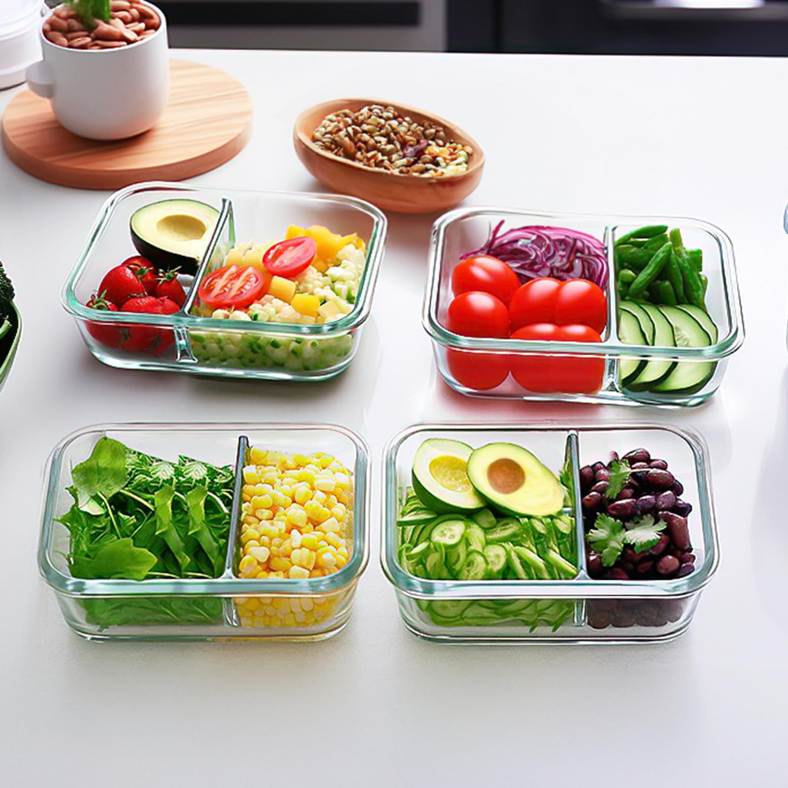 M MCIRCO stacked containers in refrigerator showing space-saving organization and neat storage