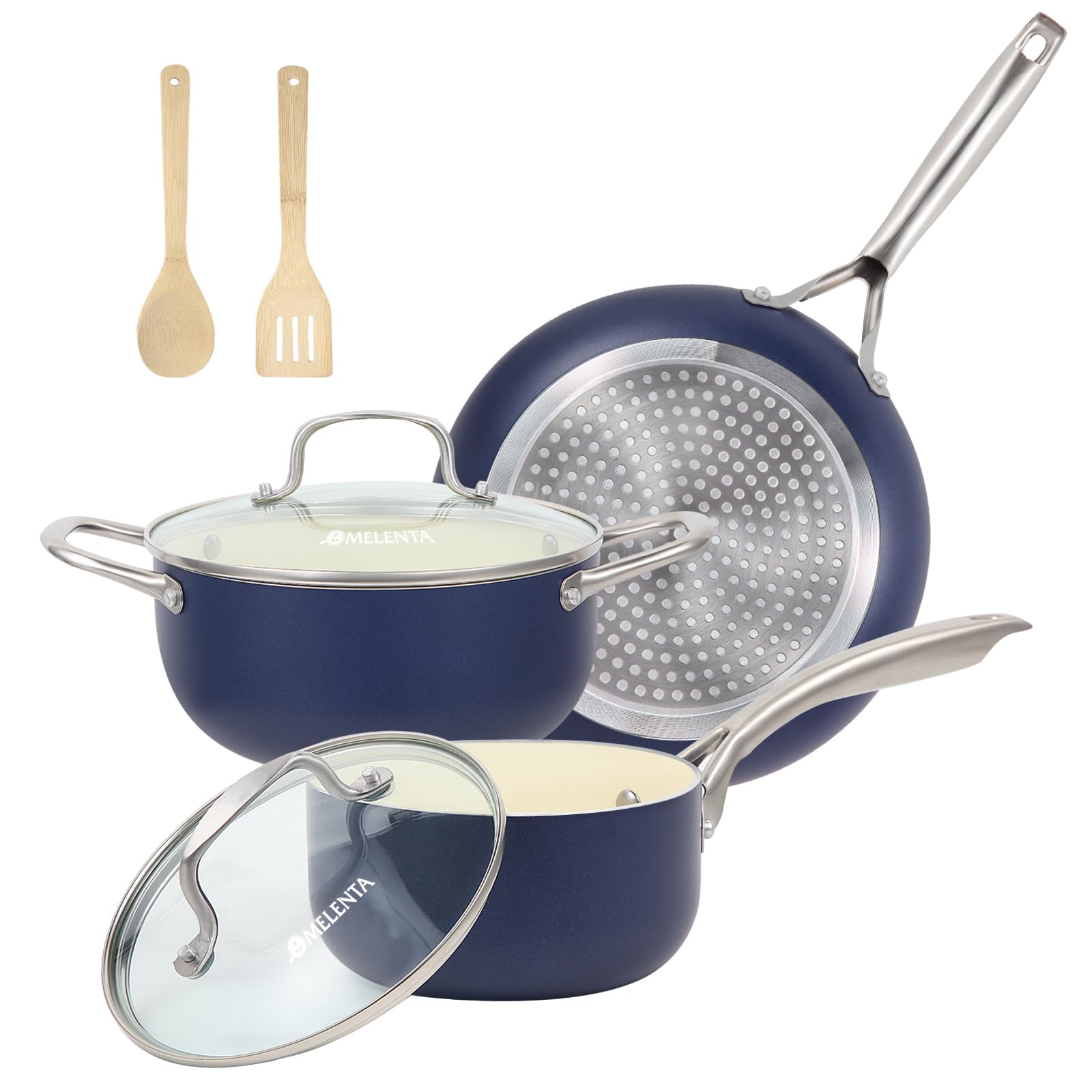 M MELENTA blue cookware set front view showing pots, pans and lids for versatile cooking