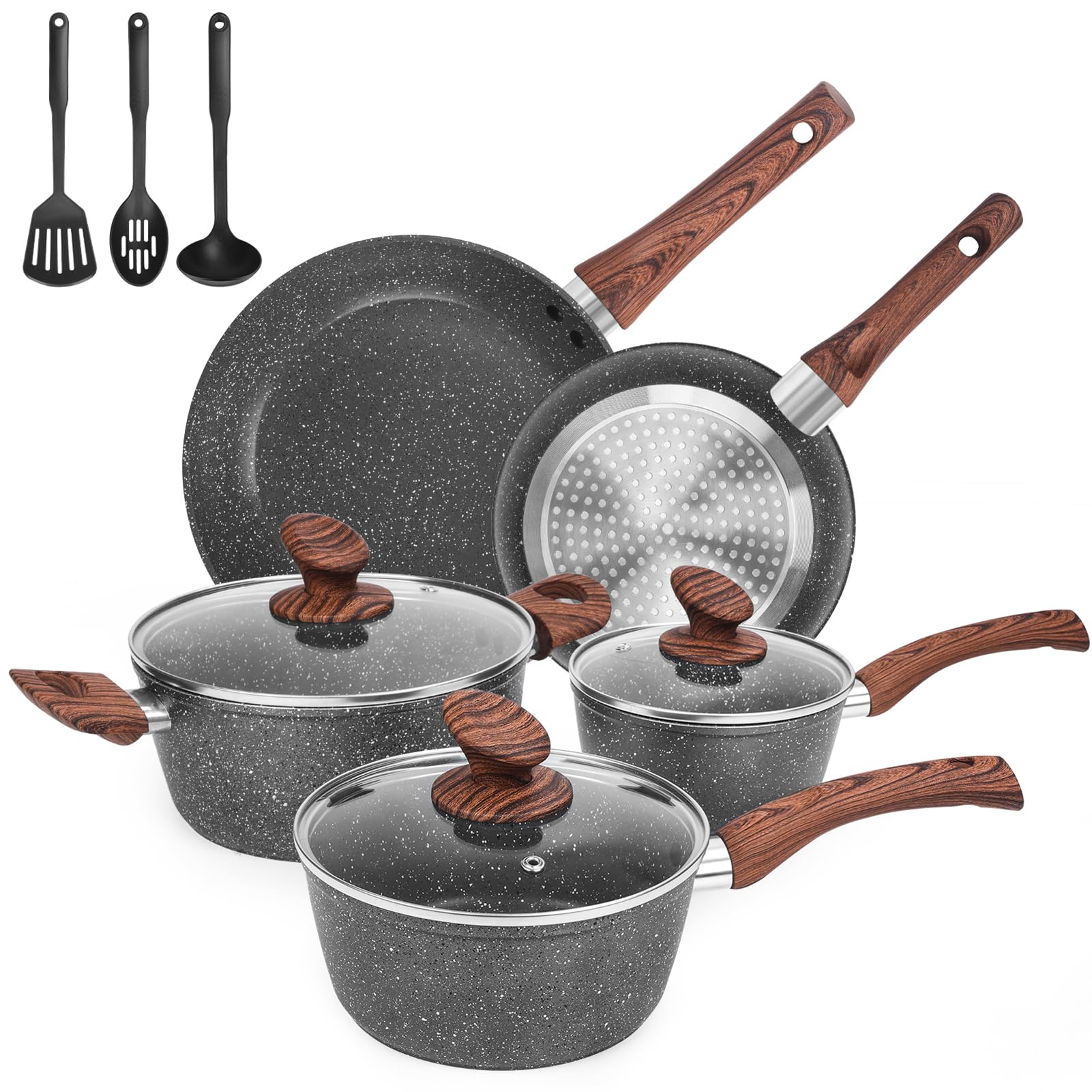 M MELENTA front view of full grey granite cookware set showing design and completeness