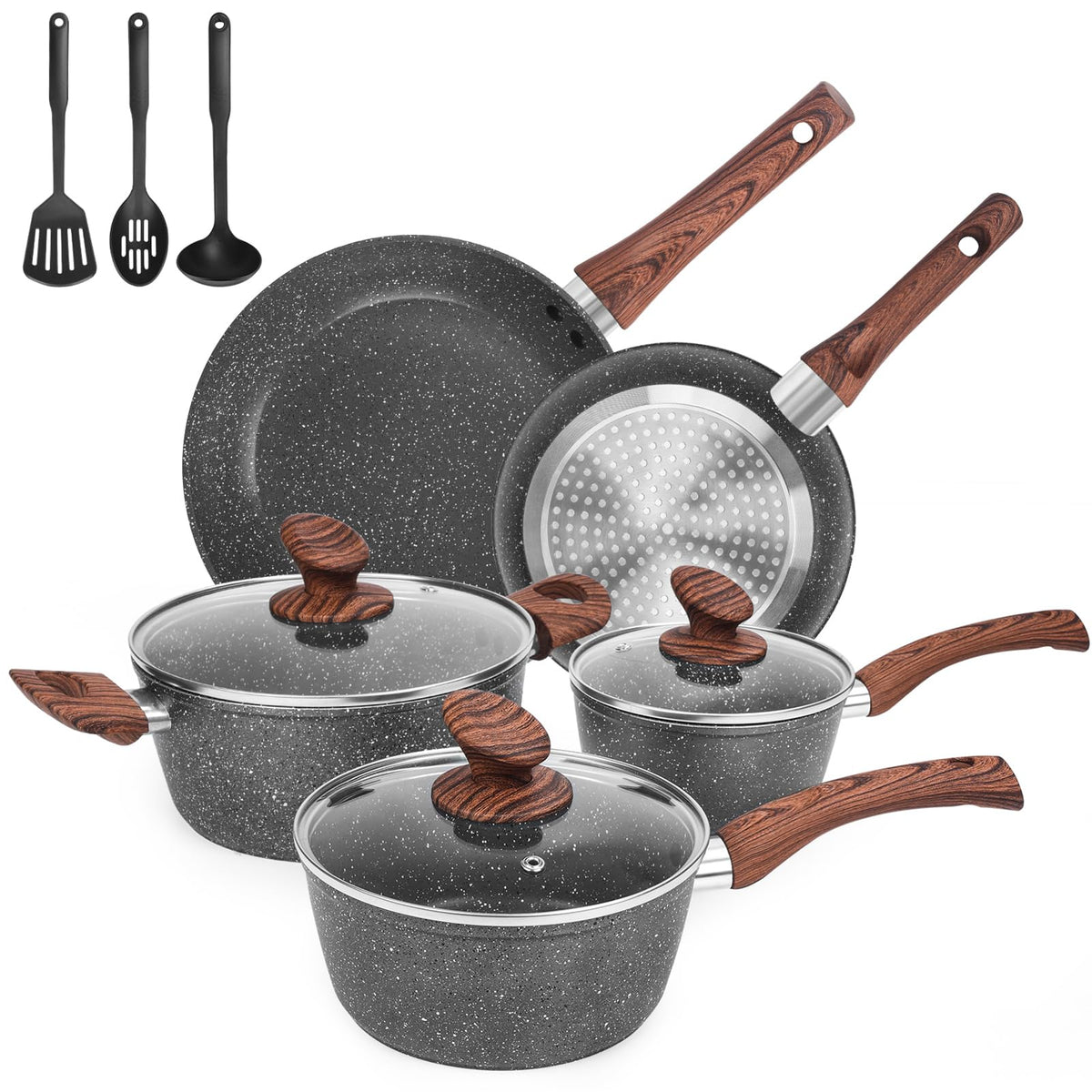 M MELENTA front view of full grey granite cookware set showing design and completeness