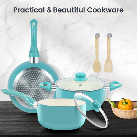 M MELENTA cookware staged in kitchen showing attractive teal color benefits