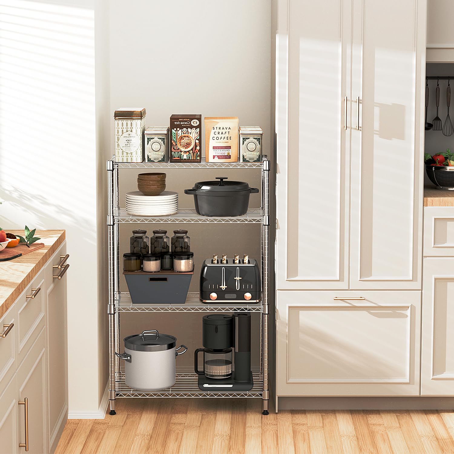 M MZG adjustable shelf height demo showing flexible storage benefit