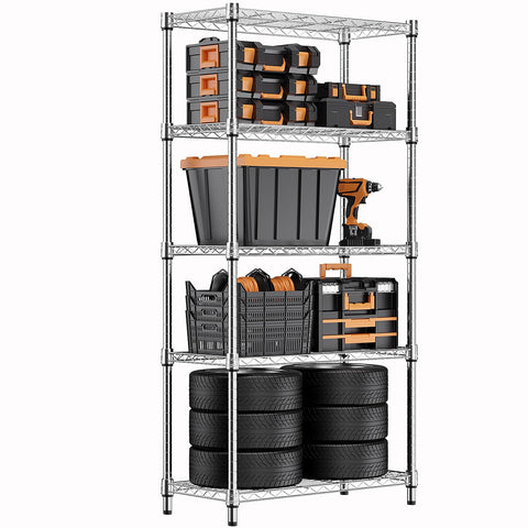M MZG front view of chrome 5-tier shelving showing organized storage and sturdy design