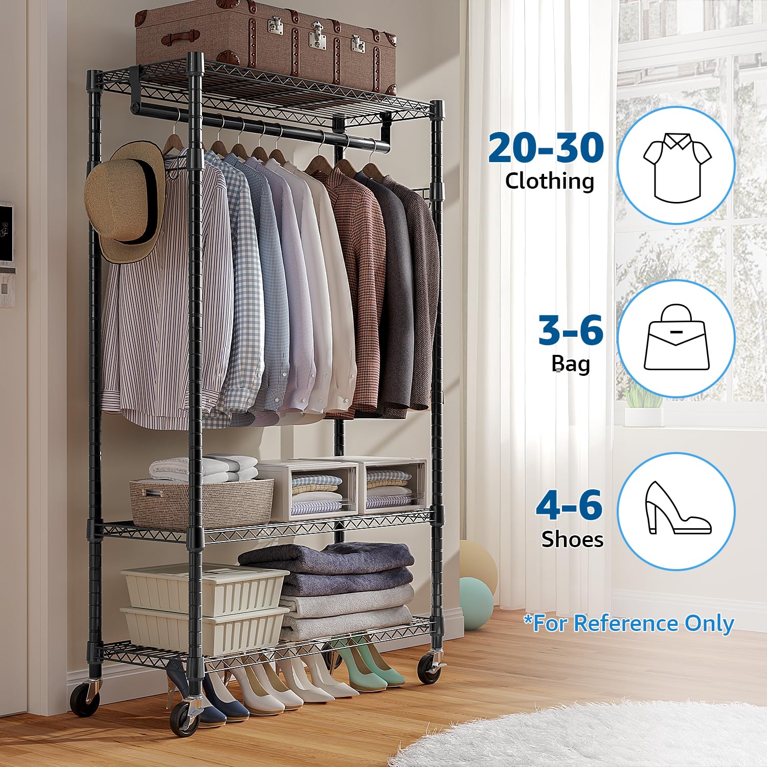 M MZG rack with clothes for scale showing generous capacity benefit