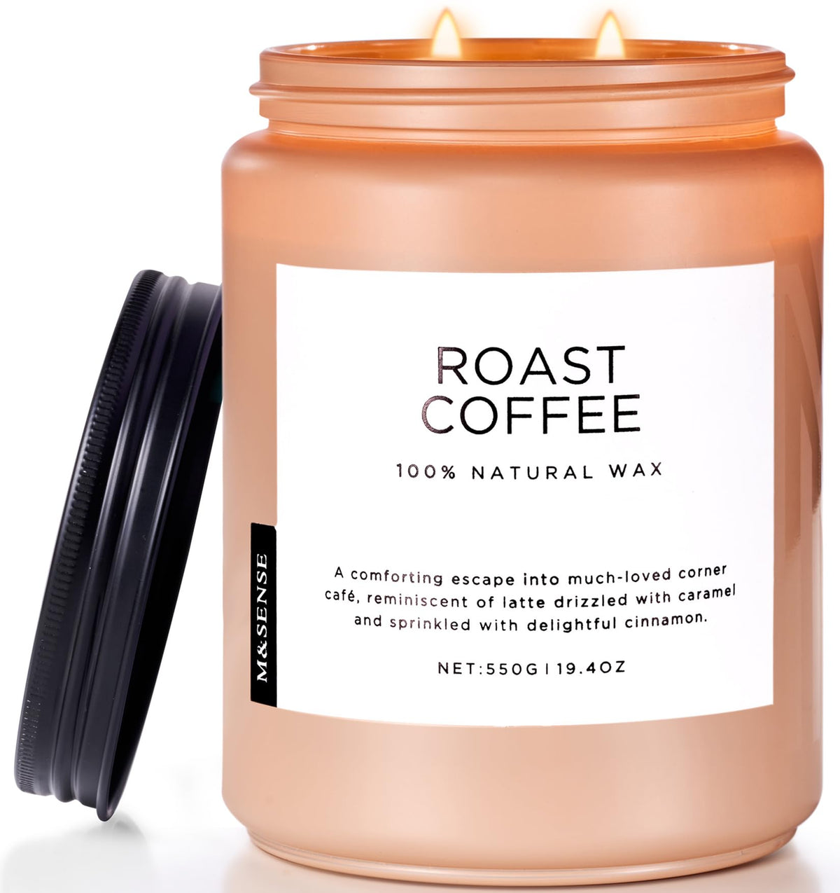 M&SENSE front jar showing coffee candle and long-lasting ambiance