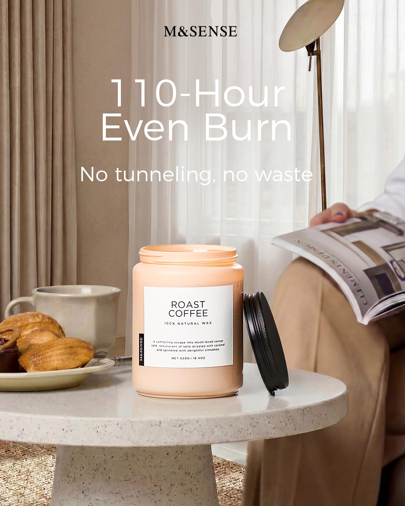 M&SENSE candle held in hand to show scale and large 19.4oz size
