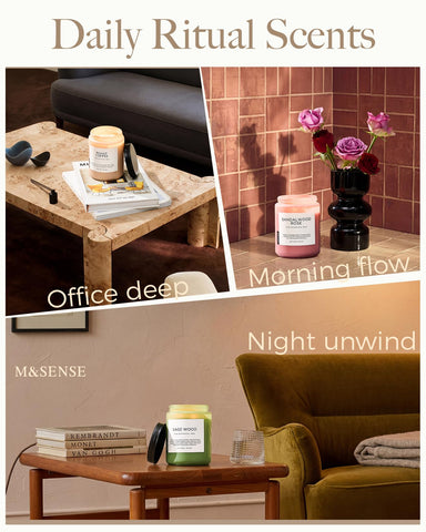M&SENSE candle on bedside table emitting soft glow for relaxing pre-sleep atmosphere