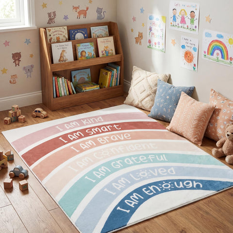 Maasechs rug in nursery setting adding warmth and playful color