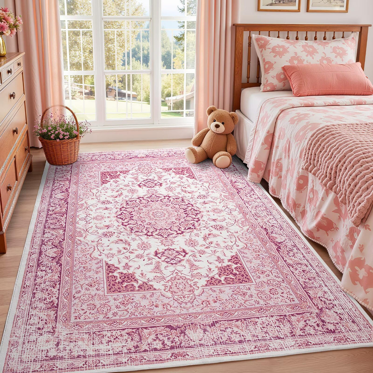 Macgace front view of bright pink 5x7 rug showing full pattern and room impact