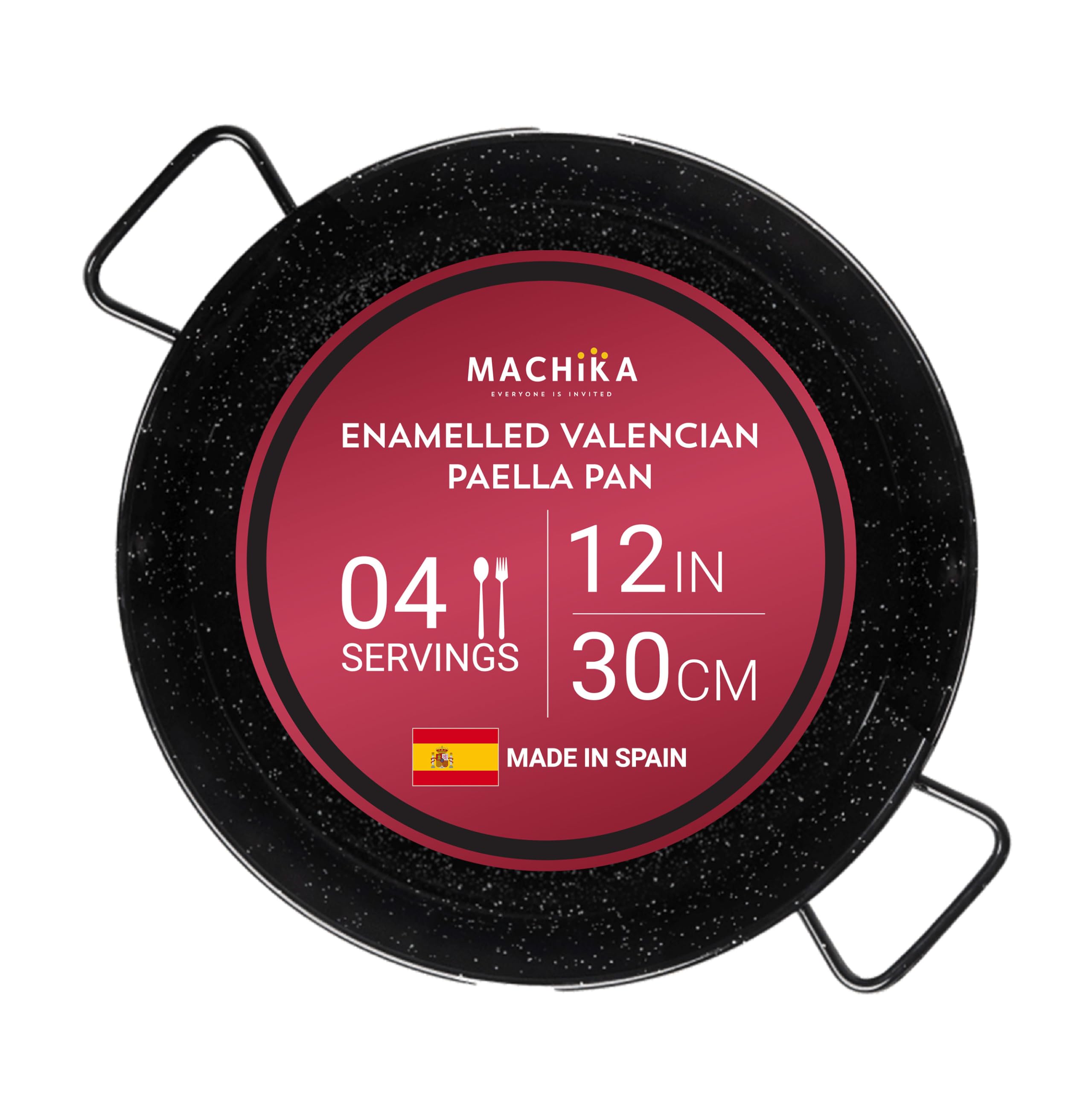 Machika paella pan front view showing wide surface and even cooking benefit