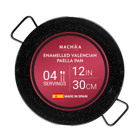 Machika paella pan front view showing wide surface and even cooking benefit