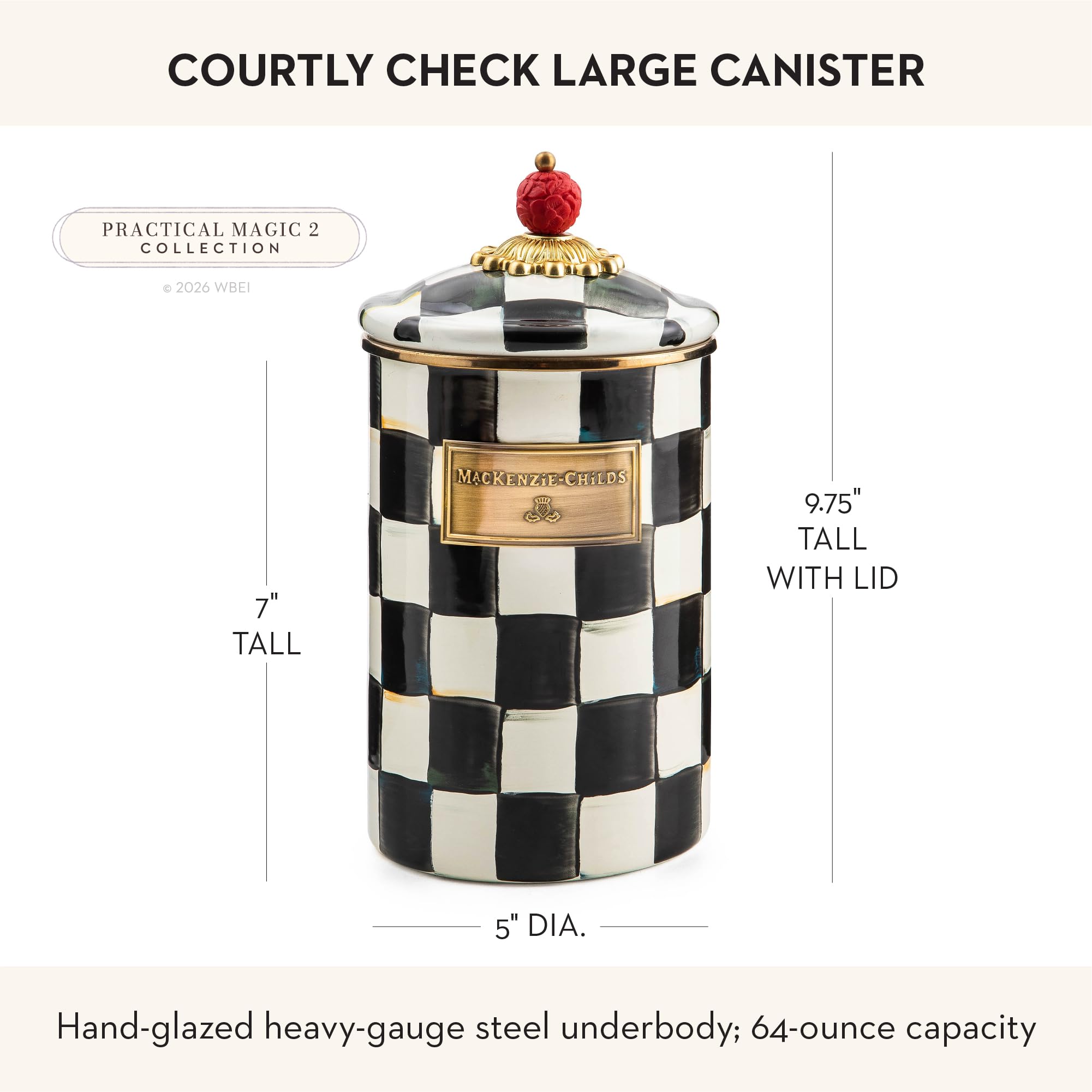 MACKENZIE-CHILDS canister styled on kitchen counter adding bold decor benefit