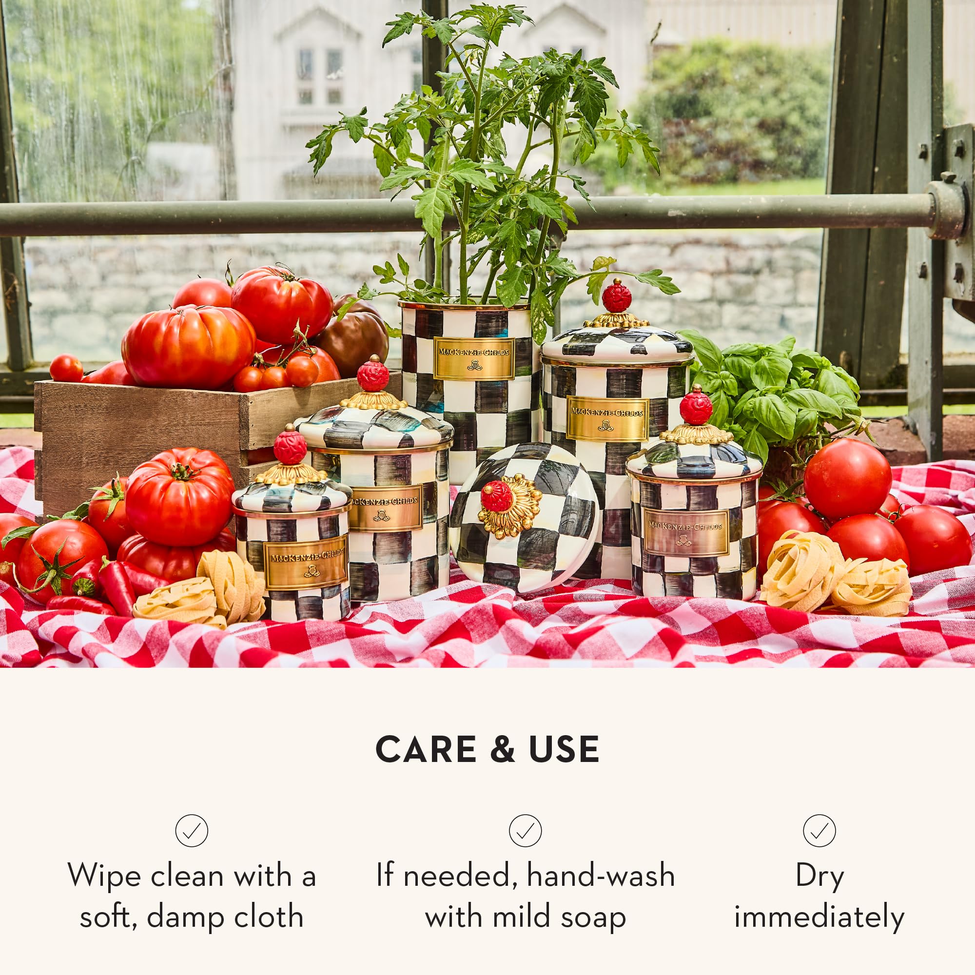 MACKENZIE-CHILDS canister beside coffee bag showing capacity and scale benefit