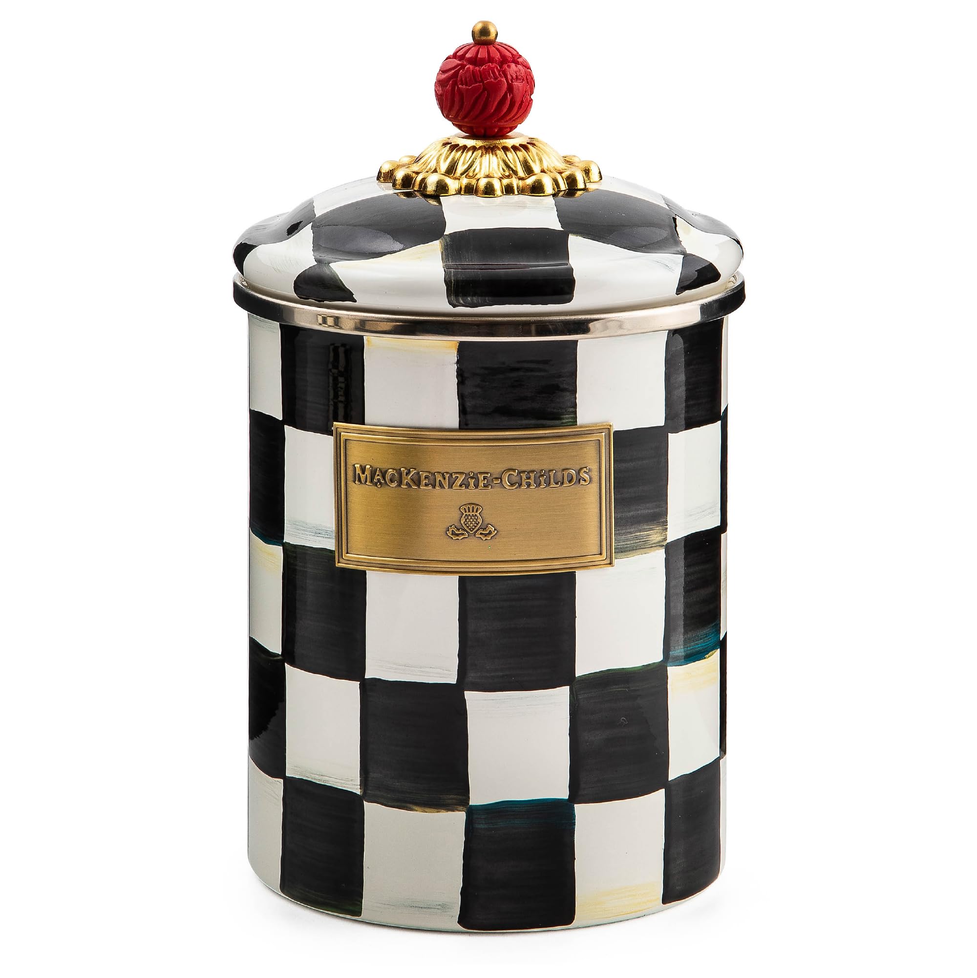 MACKENZIE-CHILDS front view canister showcasing Courtly Check and decorative appeal
