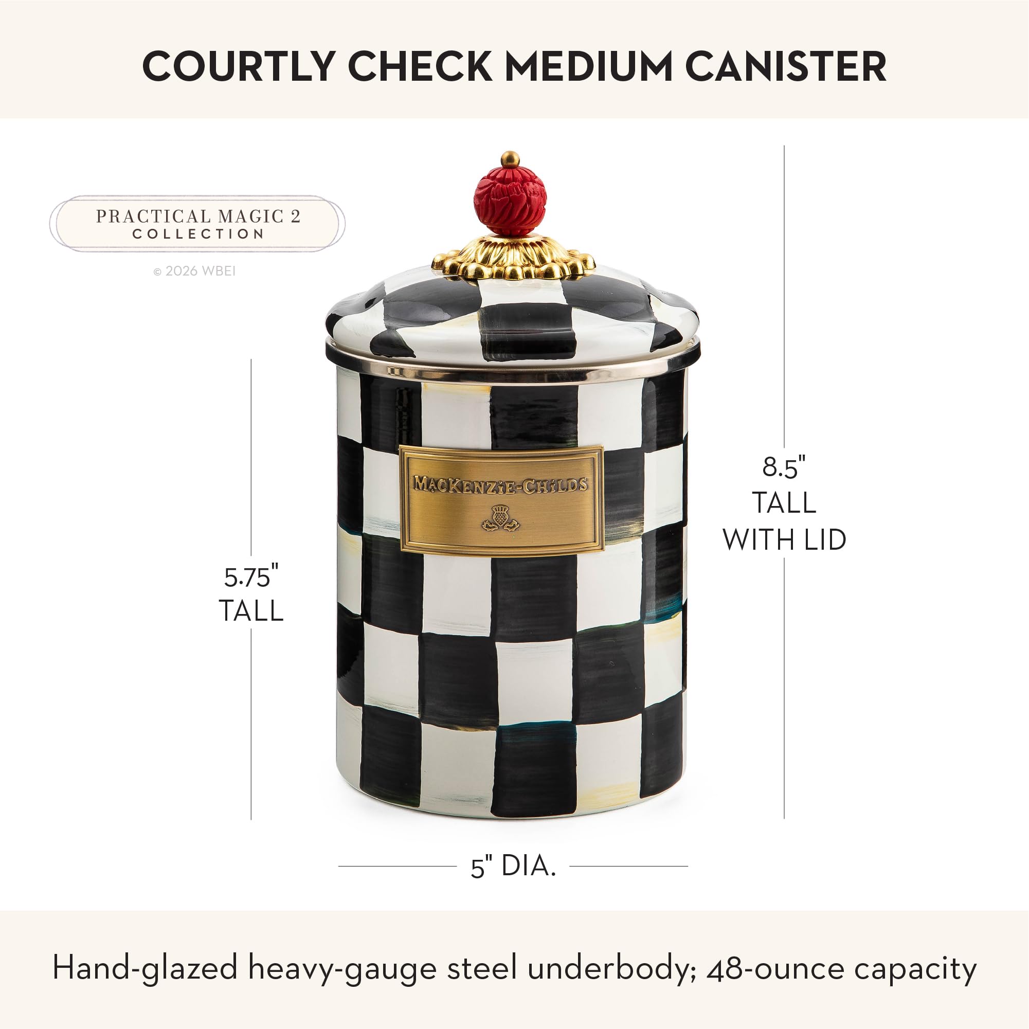 MACKENZIE-CHILDS canister open with coffee beans showing practical pantry use