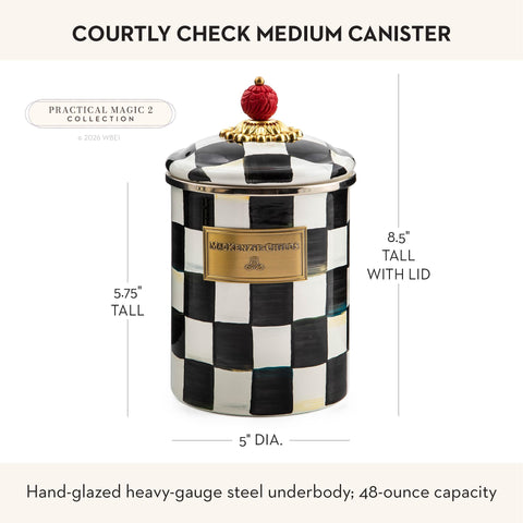 MACKENZIE-CHILDS canister open with coffee beans showing practical pantry use