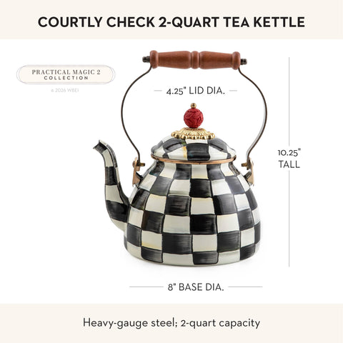 MACKENZIE-CHILDS kettle on stove in kitchen showing decorative functionality