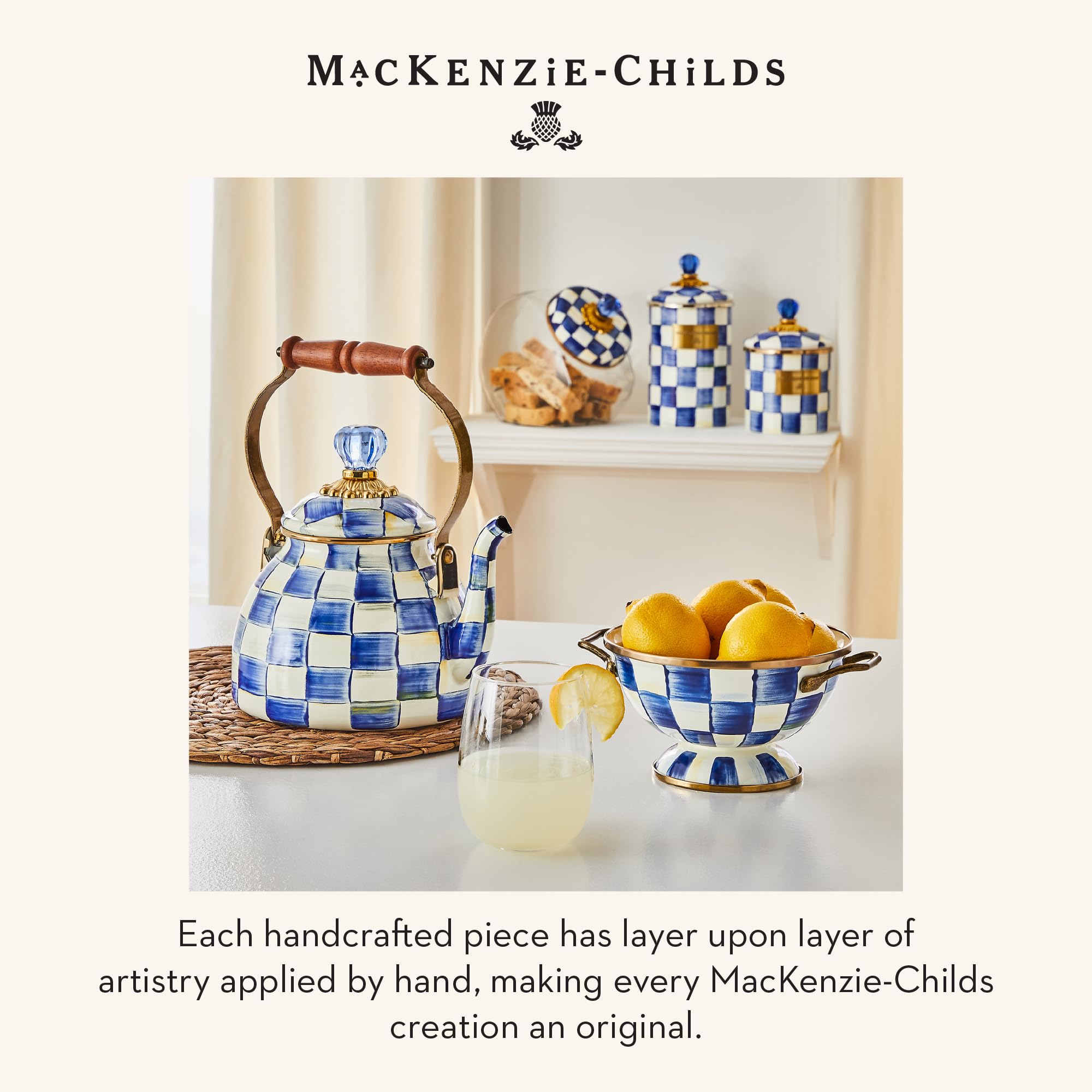 MACKENZIE-CHILDS kettle on kitchen counter for stylish decor benefit