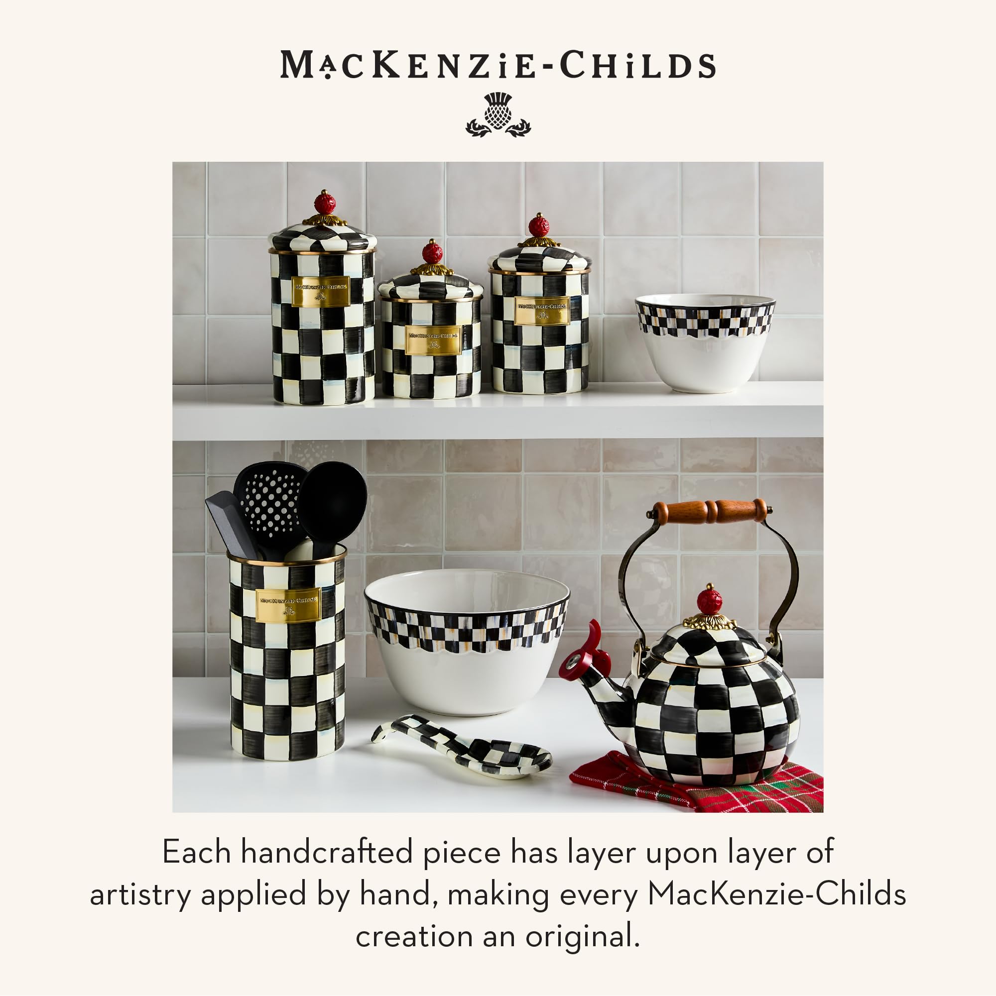 MACKENZIE-CHILDS spoon rest styled on kitchen counter enhances decor