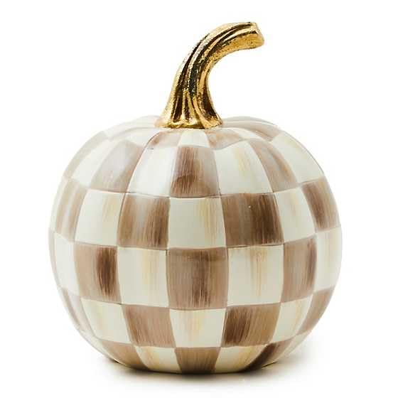 MACKENZIE-CHILDS front view of mini pumpkin showing mocha check pattern and charm
