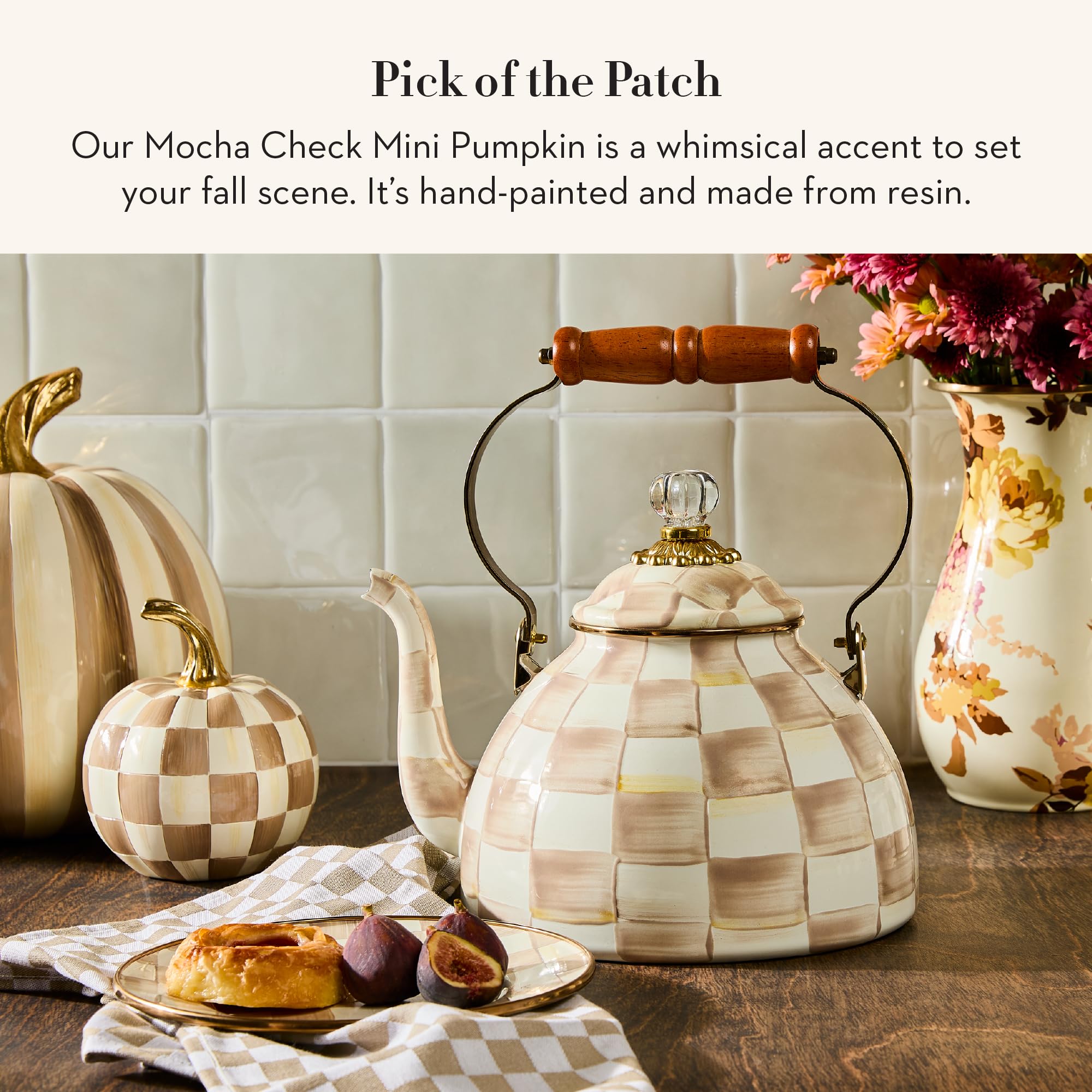 MACKENZIE-CHILDS side profile of mini pumpkin highlighting shape and glossy finish