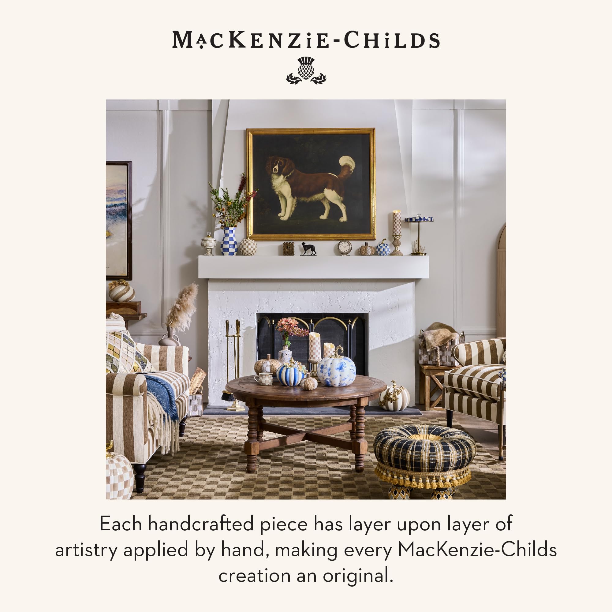 MACKENZIE-CHILDS pumpkin styled on mantel with candles showing seasonal pairing