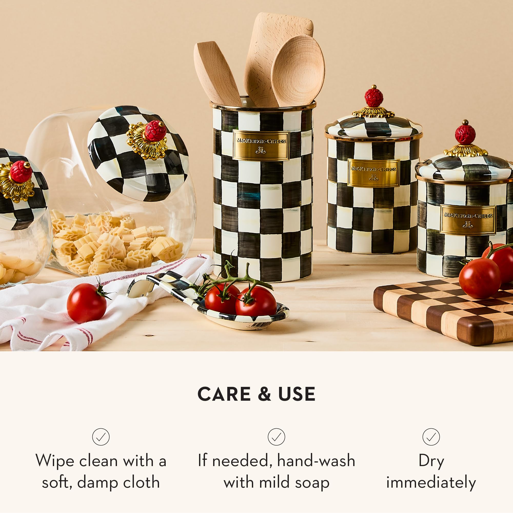 MACKENZIE-CHILDS Courtly Check pattern detail emphasizes timeless style