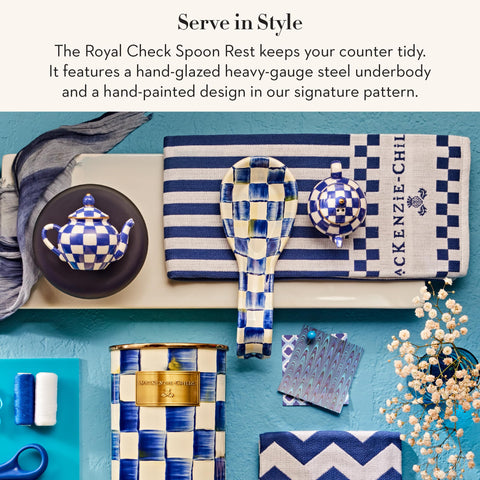 MACKENZIE-CHILDS close-up of Royal Check enamel pattern highlighting durable finish benefit