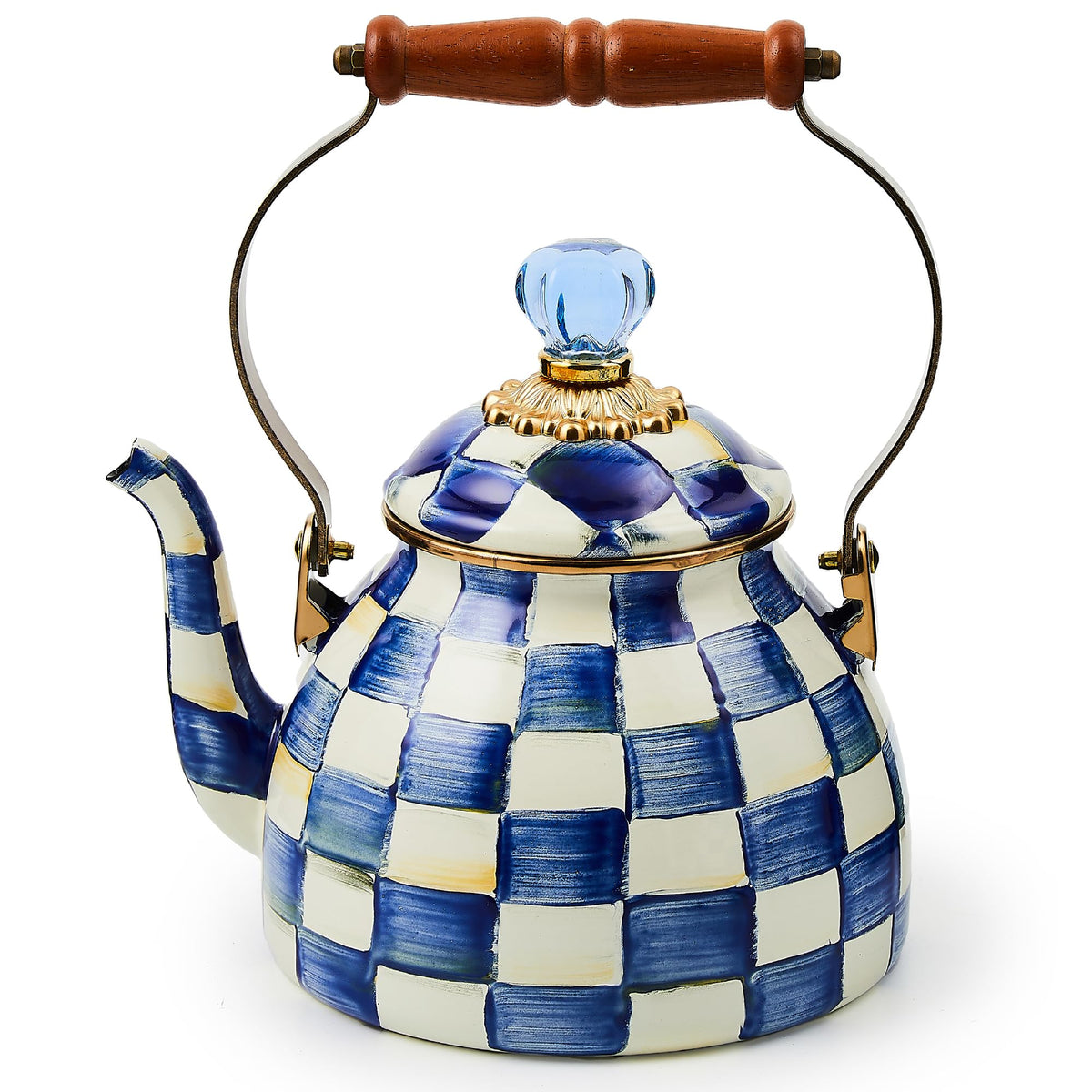 MACKENZIE-CHILDS kettle front view showing royal check and visual appeal