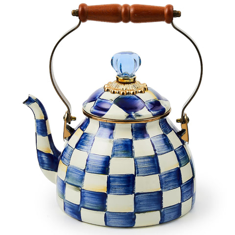 MACKENZIE-CHILDS kettle front view showing royal check and visual appeal